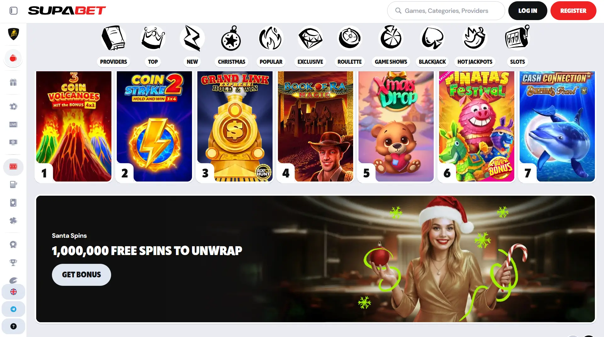 Supabet Casino σελίδα κουλοχέρηδων με χριστουγεννιάτικο μπόνους Santa Spins.